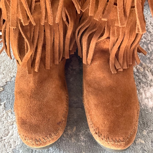 Brown Suede Western Boho Moccasin 3-Layer Fringe Boots Sz 9 - Picture 6 of 16